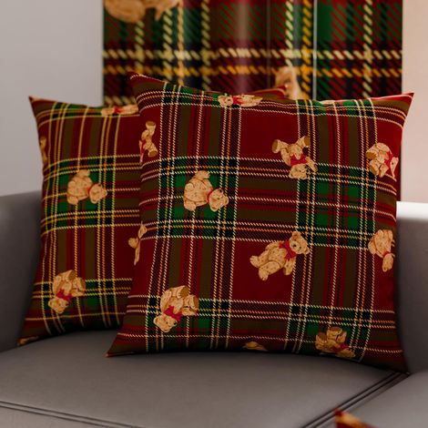 Paire de Housses de Coussin en Microfibre 80x80 cm, Coussins Décoratifs de Noël pour Chambre, Canapé, Lot de 2 Housses de Coussin, Taie d'oreiller Ours en Peluche Tartan (1/3)