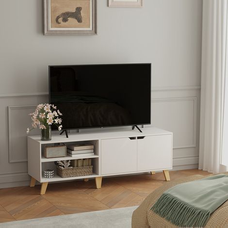 Vasagle – Meuble TV blanc neige 2 portes – Étagères réglables – Longueur 140 cm – Pour télévisions jusqu'à 60 pouces – Panneau d'aggloméré durable (1/5)