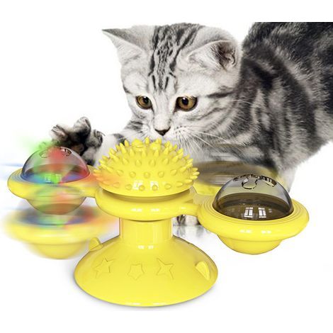 Juguetes para gatos, juguete interactivo para gatos, juguete giratorio, juguete para gatos con forma de molinillo de viento y tocadiscos, juguetes para gatos con rascador y cosquillas (amarillo). (1/5)