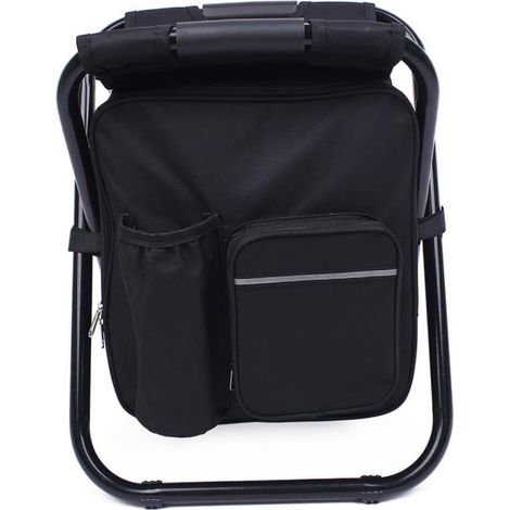 Chaise de camping pliante avec sac à dos isotherme et tabouret intégré, portable et léger, idéal pour le camping, la randonnée, les pique-niques et la pêche (noir).