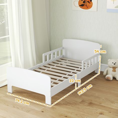 Lit enfant bas pour les 3-8 ans (avec barrières latérales et bords lisses), en bois, 143,5 x 74,2 x 54 cm, blanc. (1/5)