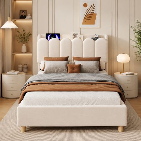 Cama tapizada individual, cama infantil de 90 x 200 cm, con somier de láminas, cabecero tapizado, estación de carga USB y tipo C y lámpara de lectura, terciopelo, color beige. (1/5)