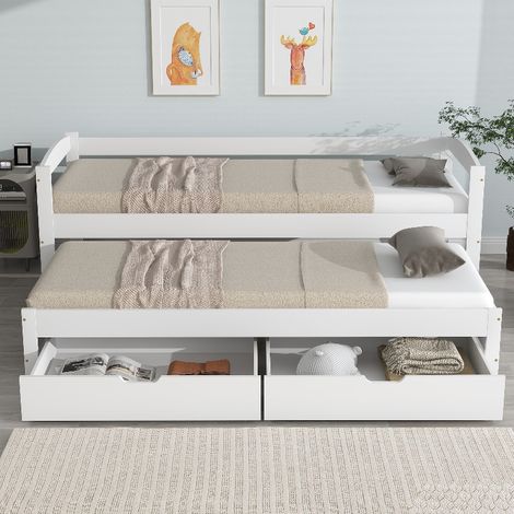 Tagesbett mit Ausziehbett und 2 Schubladen, 90x200 cm Gästebett ausziehbar, Massivholzbett aus Kiefer, platzsparendes Einzelbett, Weiß (1/5)