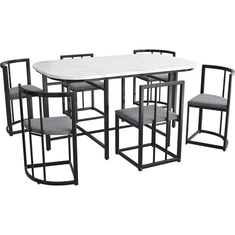 Set de mesa de comedor con 6 sillas blanco, tablero de MDF y estructura de metal negro (1/5)