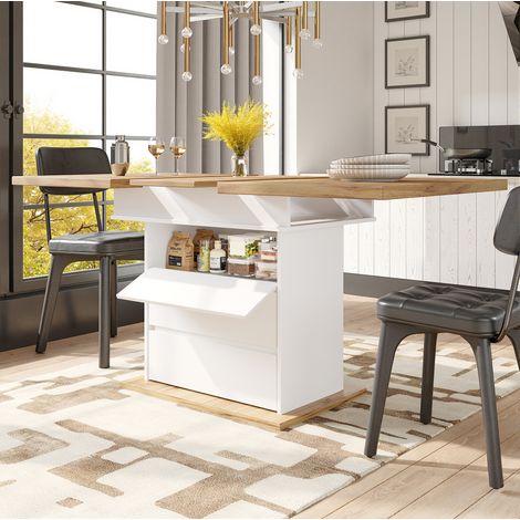 Tavolo allungabile 110-140 x 80 cm con vano portaoggetti, bianco e legno naturale DESVIAE (1/5)