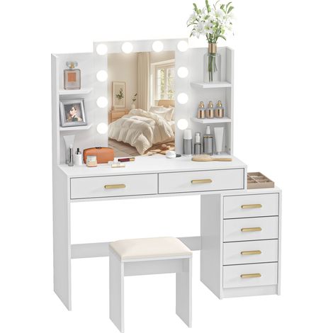 Weißer Schminktisch mit beleuchtetem Spiegel und gepolstertem Hocker, Make-up-Set mit 6 Schubladen und Ablagen, Aufbewahrungsmöglichkeiten für Kosmetikartikel.