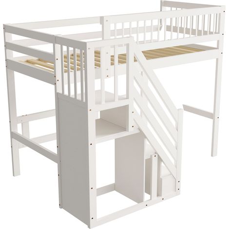 Lit bois massif 90x200 cm, escalier avec armoire, lit enfant ado simple, cadre massif surélevé, blanc, chambre enfant, matelas non inclus (1/5)
