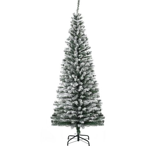 Schmaler, 180 cm hoher, schneebedeckter Weihnachtsbaum mit 492 Zweigen und Metallständer für das Wohnzimmer, grün und weiß (1/5)
