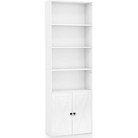 Libreria scaffale con ante stile rustico 6 ripiani e 2 ante, Libreria da 180cm con ripiano regolabile Bianco (1/4)