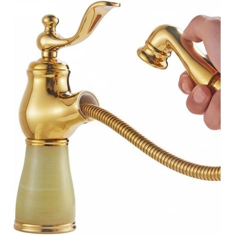 Single-hole basin mixer tap with pull-out spray head and single handle – Green, brushed gold finish