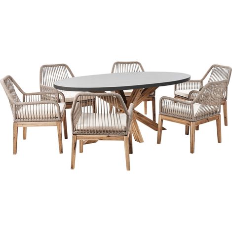 Set di tavolo e sedie da giardino in cemento Base in legno di acacia Arredo giardino grigio e beige Legno chiaro Oristano/Olbia (1/5)