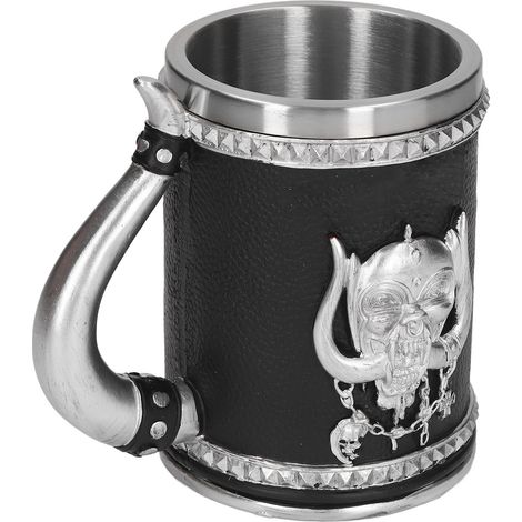 Chopine à bière pirate grande capacité en acier inoxydable sûr, peinte et polie à la main, ornée d'un crâne en résine artisanale. (1/5)