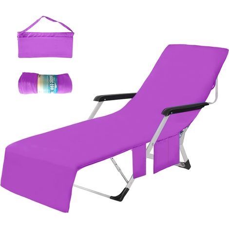 Microfibre Serviette de Plage Transat Bain de Soleil, Drap de Plage pour Chaise Longue Homme Femme, Séchage Rapide/Plusieurs Poches/Poids Léger/Ultra Absorbant, 75 X 210CM Violet (1/5)