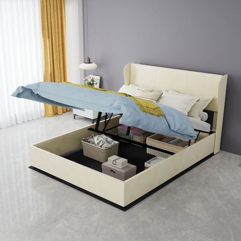 Lit coffre - SOGEU - 140 x 200 cm - Revêtement capitonné - Base à vérins gaz - Beige (1/5)