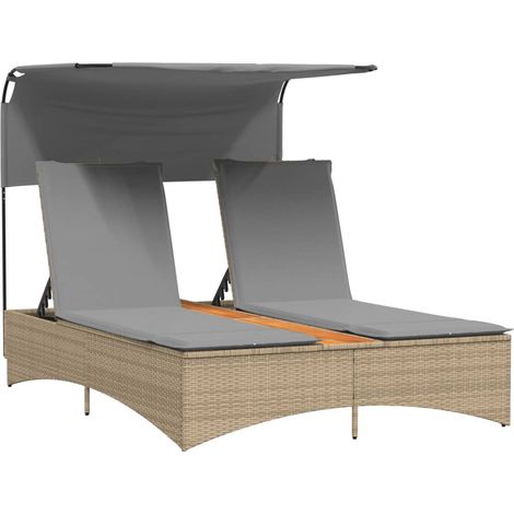 Chaise longue  Transat  Bain de soleil double et auvent et coussins mélange beige rotin (1/5)