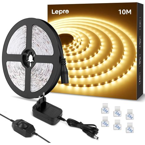 LED Strip 10 m Warm White 3000 K Dimmable 2000lm 18W 420 LEDs 2835, with dimmer and 24V adapter included, self-adhesive, for dressing room, furniture, staircase (1/5)