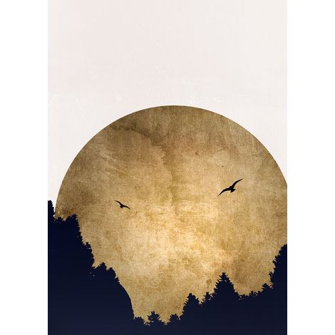 Papier peint panoramique motif lune dorée Tapisserie panoramique pour chambre d'enfant Papiers peints panoramiques arbre et oiseaux (1/2)
