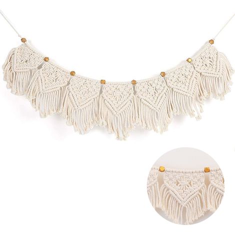 Drape Murale Macramé - Guirlande en Coton avec Perles en Bois - Décoration Murale pour Salon Chambre ou Dortoir - Longueur Réglable 95 cm à 110 cm - 1 Pièce (1/5)