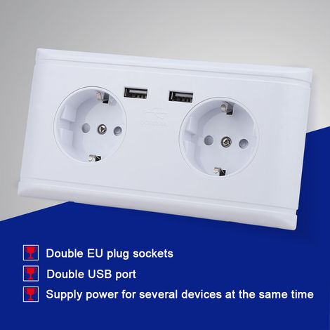 Mehrfachsteckdose mit 2 USB-Anschlüssen für Handy-Ladegeräte, 250 V, doppelter europäischer Stecker, Schnellladefunktion, reisetauglich, weiß, Unterputzmontage. (1/5)