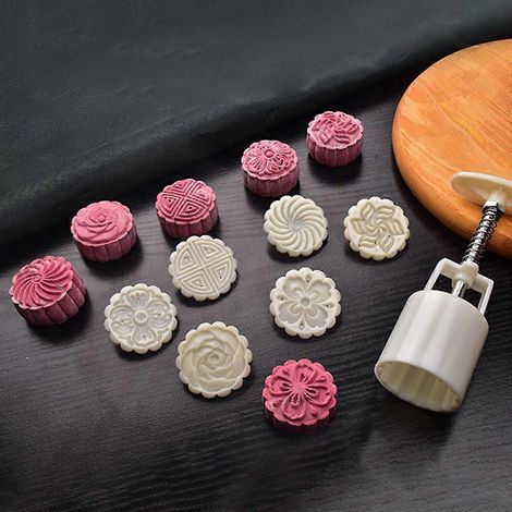 Moule à gâteau de lune de 50 g avec 6 tampons en forme de fleurs, moule à pâtisserie à presser à la main, idéal pour la Fête de la Mi-Automne (1/4)