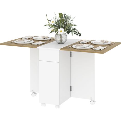 Table Rectangulaire Extensible avec 2 Tiroirs et un Petit Placard en Bois, 140x76x74 cm, Blanc et Couleur Bois (1/5)