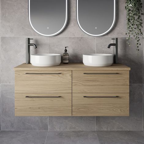 Napoli 460 Light Oak 1200mm Wall Mounted 4 Drawer Vanity Unit for Countertop Basins - 1200mm - Gunmetal Grey 320mm Handle