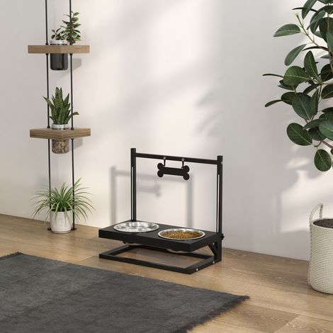 Gamelles surrélevées chien avec support réglable en hauteur de 11 à 33 cm 2 bols en acier inoxydables amovibles noir (1/5)