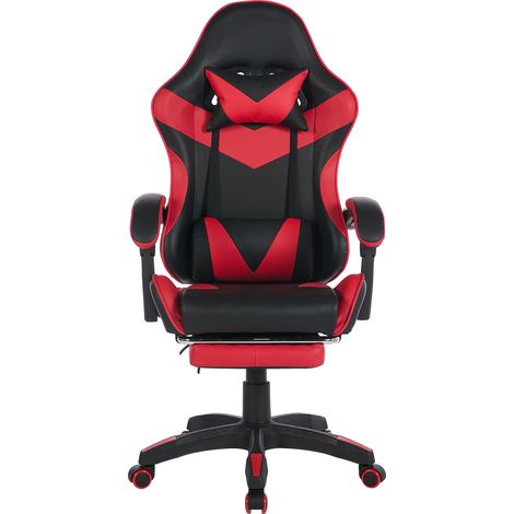 Fauteuil de jeu ergonomique pivotant à 360°, fauteuil de bureau à dossier haut en cuir véritable, réglable en hauteur avec repose-pieds, appui-tête et soutien lombaire, idéal pour le bureau et le jeu (1/5)