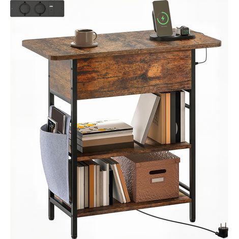 Table d'appoint/de chevet avec multiprise, 2 étagères, ports USB, espace de rangement, 60 x 29,8 x 58,5 cm, marron rustique