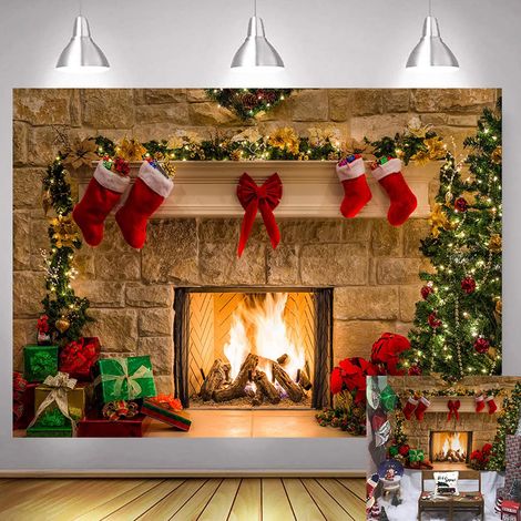 Fondo fotográfico navideño con chimenea, árboles de Navidad, calcetines navideños y cajas de regalo para la decoración de fiestas navideñas (2,1 x 1,5 m)