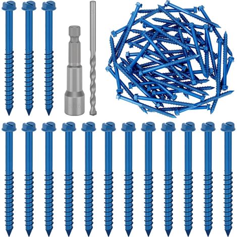 52pcs 1/4 x 3-1/4 '' fente Hex rondelle tête béton vis ancrage kit, bleu vis de ciment lourd avec broche de forage et broche de pilote pour ancrage à la maçonnerie, stuc (1/5)