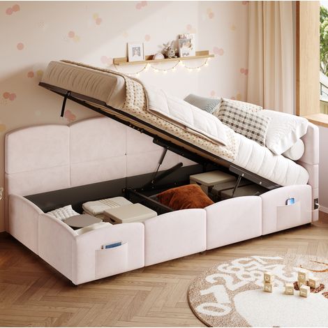 Lit coffre 90x200 en velours rose avec USB HAVRYA (1/5)