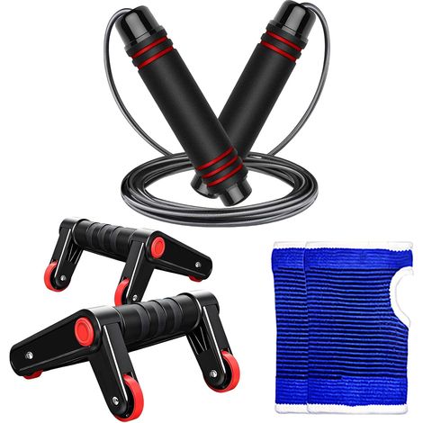 Poignée de Pompes 2-en-1 avec Fonction de Roue Abdominale - Rollen pliable - Livré avec poignée de confort antidérapante, gants antidérapants, Corde à Sauter avec âme en Fil D'acier (1/5)