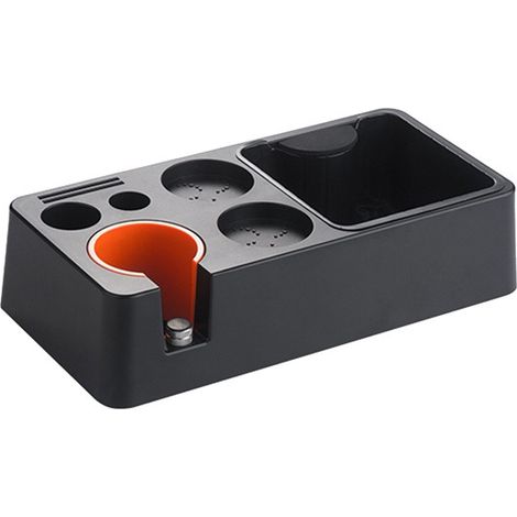 Available in one color only: black. Material: ABS. Multifunctional base for tamper, coffee machine handle holder, and storage.