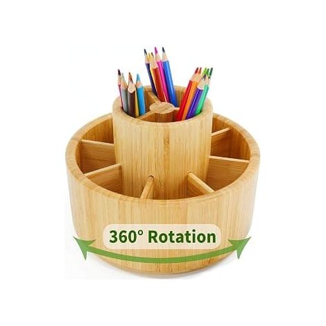 Porte-stylo rotatif en bambou, organiseur de fournitures de bureau, boîte de rangement pour stylos en bois (1/5)