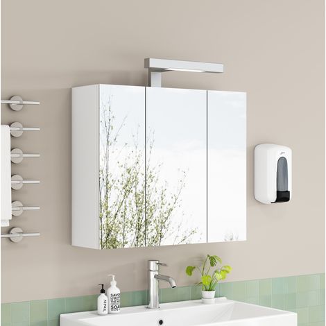 Mobile specchiera bagno bianco con 3 ante, LED, presa francese e ripiani in vetro (1/4)