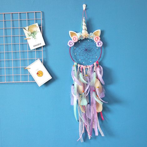 Attrape-rêves à LED avec plumes colorées - Fait à la main - Pour chambre d'enfant - Décoration murale à suspendre - Violet