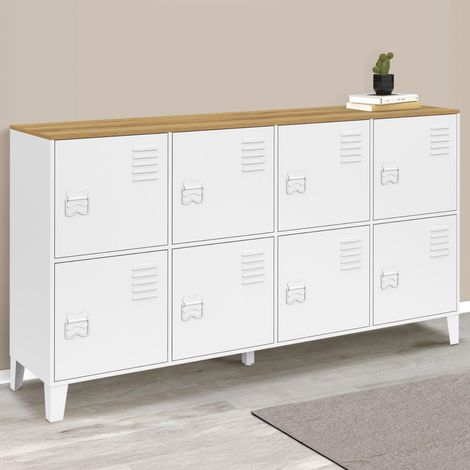 ESTER 139 cm Cómoda de 8 puertas de metal blanco con tapa de madera de diseño industrial