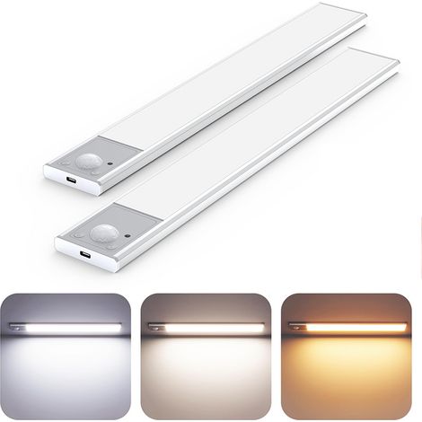 Paquet de 2 lampes sous-meuble avec capteur de mouvement, lumière magnétique activée par le mouvement, lampe de placard rechargeable, 3 couleurs, 40cm (1/5)