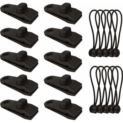 Tarp Clip Tent Tarp Clips Lock Grip, 10Pcs Awning Clamp and 10Pcs Tarpaulin Bungee Cord Ropes Bungee Ball Tent Clip Accessories for Tents, Covers, Awnings, Banners, Boating, Gardening (Black) (1/5)