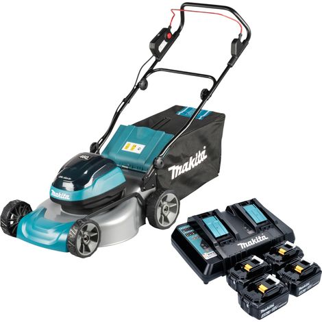 Cortacésped a batería Makita DLM 466 PM4 de 36 V (2x 18 V) 46 cm sin escobillas + 4 baterías de 4,0 Ah + cargador