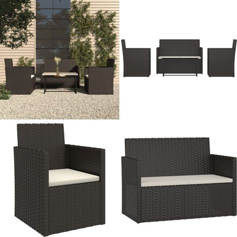 4-tlg. Garten-Lounge-Set mit Kissen Poly Rattan Schwarz - Garten-Lounge-Set -  Garten-Lounge-Sets - Home & Living