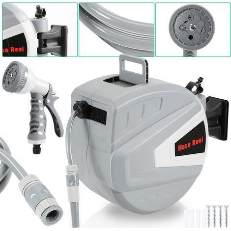 Enrouleur De Tuyau 30+2m Pression 8Bar Raccord 1/4"avec Pistolet à Eau (9 Modes de Jet Réglables) Rétractation Automatique Pneumatique Pivotant à 180° (1/6)