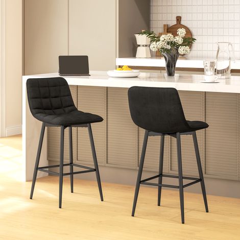 Set aus 2 hohen Hockern im nordischen Stil mit Rücken- und Fußstütze, Hocker mit Rückenlehne aus samtartigem Stoff und Metall, 45 x 47 x 84 cm, Schwarz (1/5)