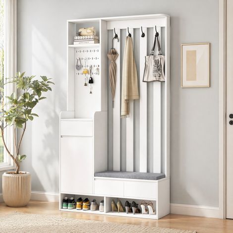 MEUBLIV mueble de entrada 100x35x180 cm blanco – banco, tablero perforado y 4 ganchos (1/5)