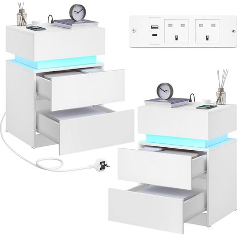 WOLTU 2x Front Bedside Table 3 Drawers Nightstand with 25 Light Colors, Chest of 3 Drawer Cabinet for Bedroom Living Room or Office