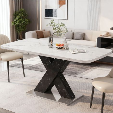 Table de salle à manger extensible 120-160x80x76.5 cm blanc et noir en MDF et acier avec plateau marbre imprimé (1/5)