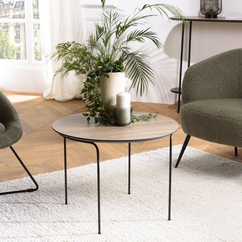 JULIA - Table basse ronde 60x60cm pieds métal noir et bois marron (1/5)