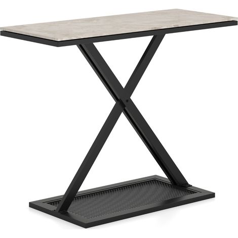 Tavolo consolle con piano in marmo finto da salotto con piedini regolabile, Tavolo da ingresso con struttura metallica Bianco e Nero (1/4)