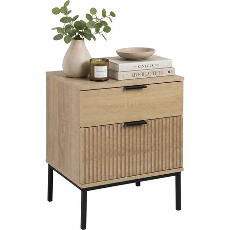 Relaxdays Nachttisch, Rillenstruktur, 2 Schubladen, HxBxT: 50 x 40 x 30 cm, Nachtkommode, MDF & Eisen, natur (1/5)